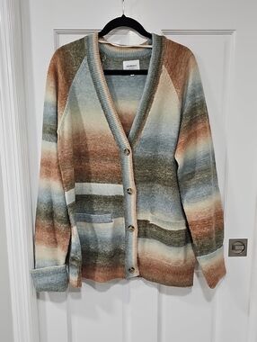 Weekend Striped V-Neck Button Cardigan in Earth Tones